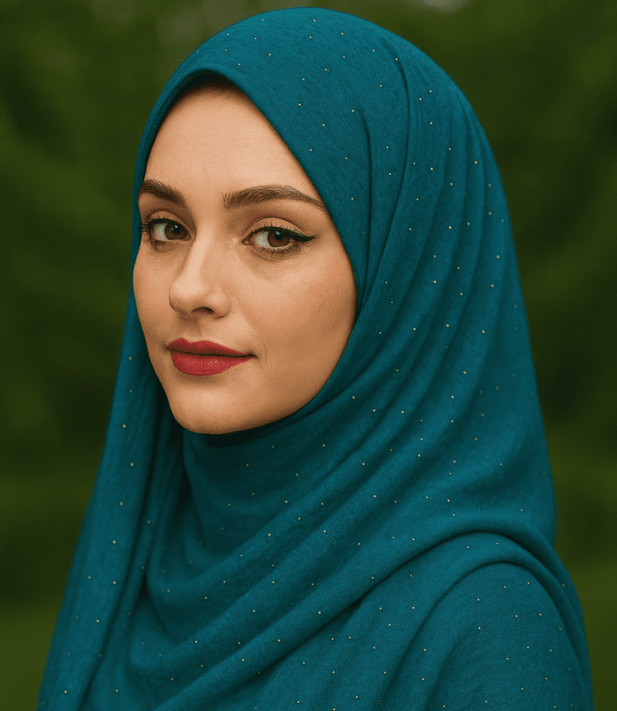 Elegant blue hijab with gold accents, perfect for modest fashion and special occasions.