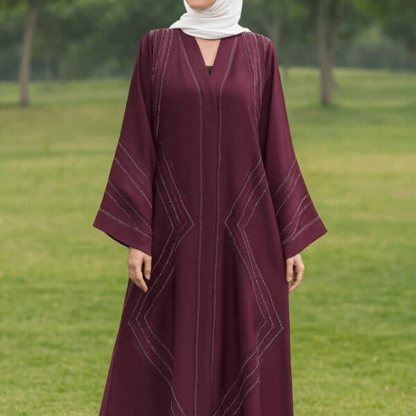 Elegant maroon abaya with silver embroidery, perfect for modest fashion and Muslim women.