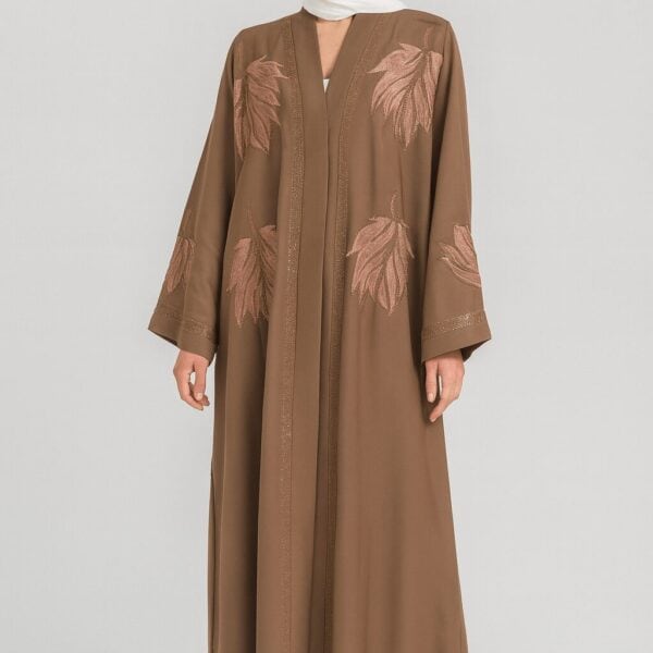 Elegant brown embroidered modest abaya with leaf patterns, perfect for religious and cultural events.