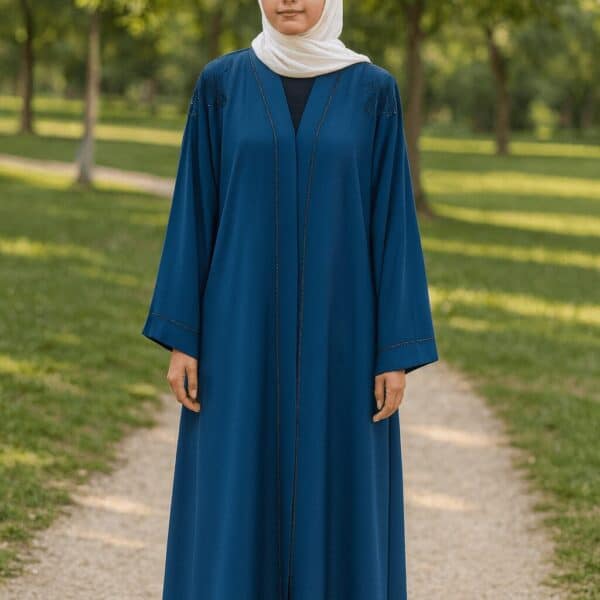 Elegant modest blue abaya with embroidery details, perfect for special occasions and everyday wear.