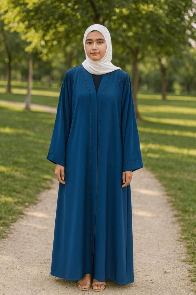 Elegant modest blue abaya with embroidery details, perfect for special occasions and everyday wear.