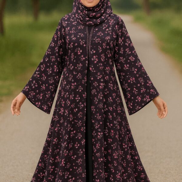 Elegant floral hijab and abaya set for modest fashion, perfect for women seeking stylish Muslim wear.