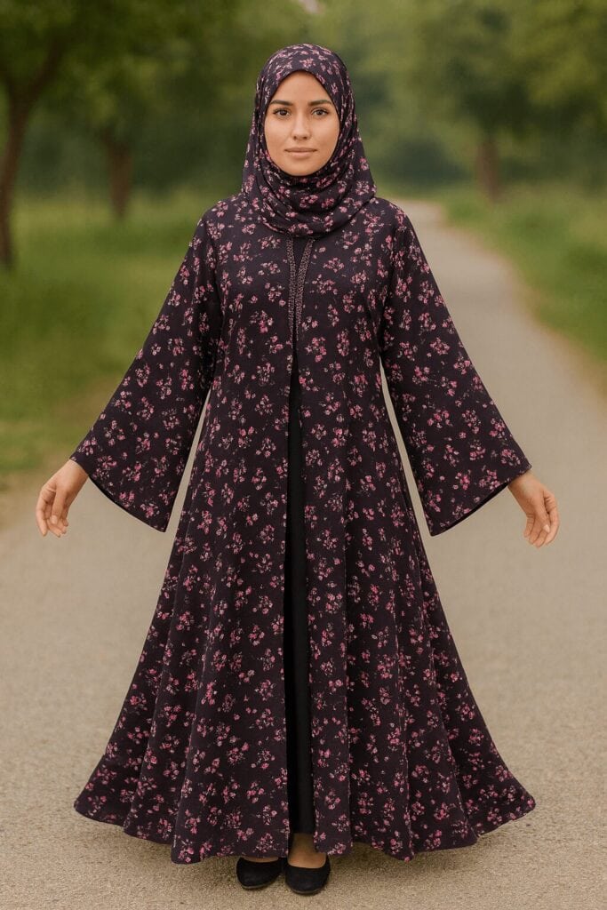 Elegant floral hijab and abaya set for modest fashion, perfect for women seeking stylish Muslim wear.
