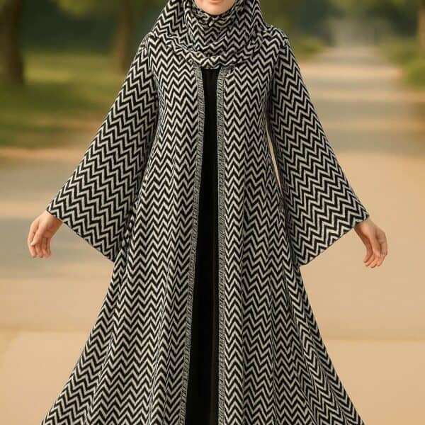 Elegant black and white zigzag patterned Islamic hijab and abaya for modest fashion.