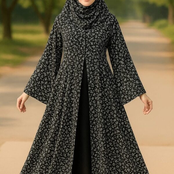 Elegant floral hijab and abaya set for modest Islamic fashion.