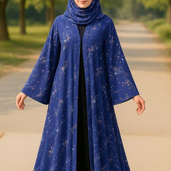 Soft Blue Floral Hijab and Abaya for Elegant Modest Fashion.
