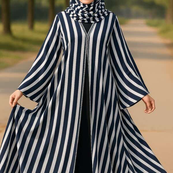 Striped Islamic abaya with hijab, modest fashion, and stylish Muslim women attire.